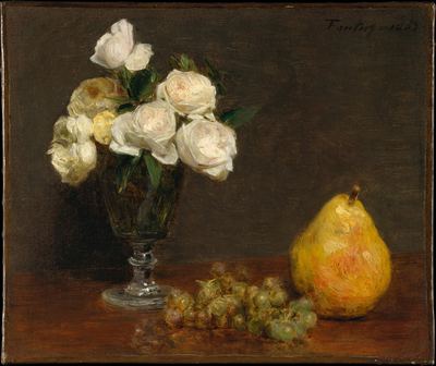 Still life with roses and fruit