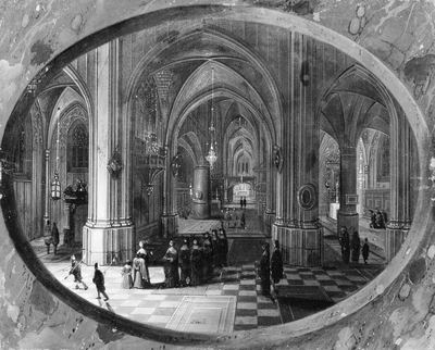 Inside a Gothic church at night