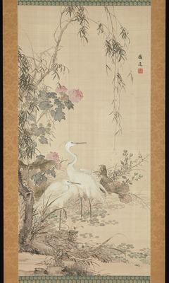 Egrets, peonies and willows