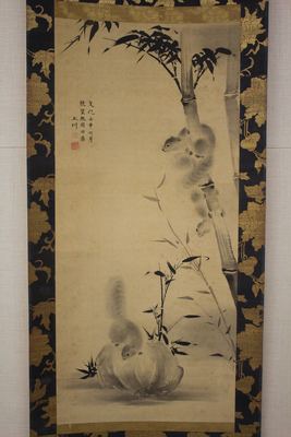 Squirrels on bamboo and rock