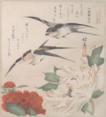 Swallows and peonies