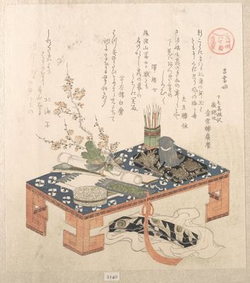 A desk with plum flowers