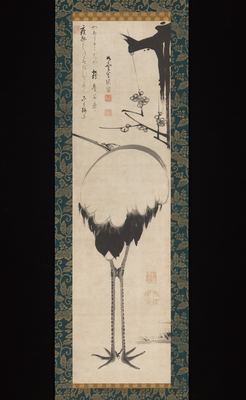 A crane under a plum branch